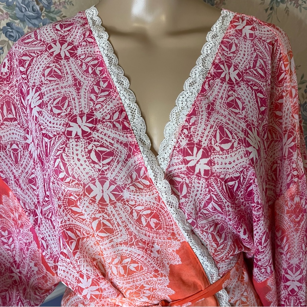 In Bloom Ombre Bright Pink & Orange Boho Beach Sheer Lace Kimono Robe, Size M - Picture 2 of 11